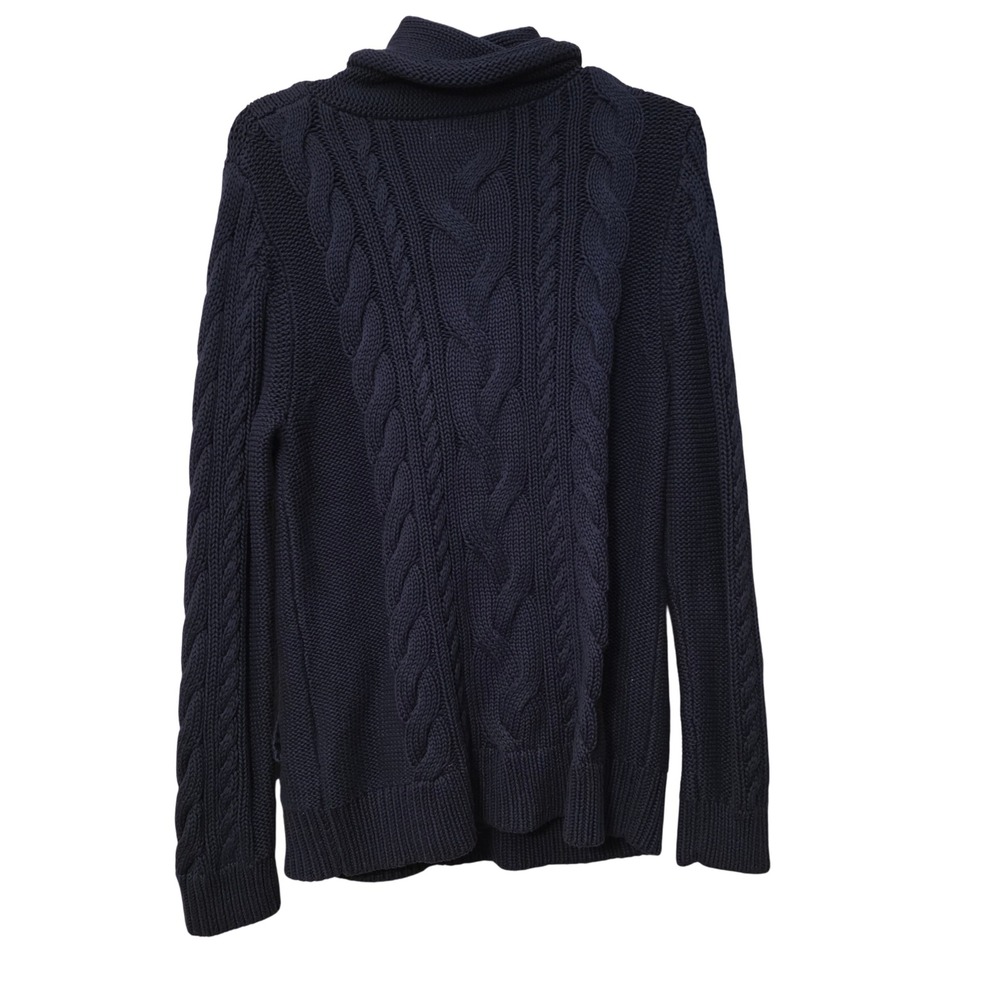 LL Bean Womens Navy Blue Cable Knit Cowl Neck Drawstring Cotton Sweater Large - Picture 3 of 7